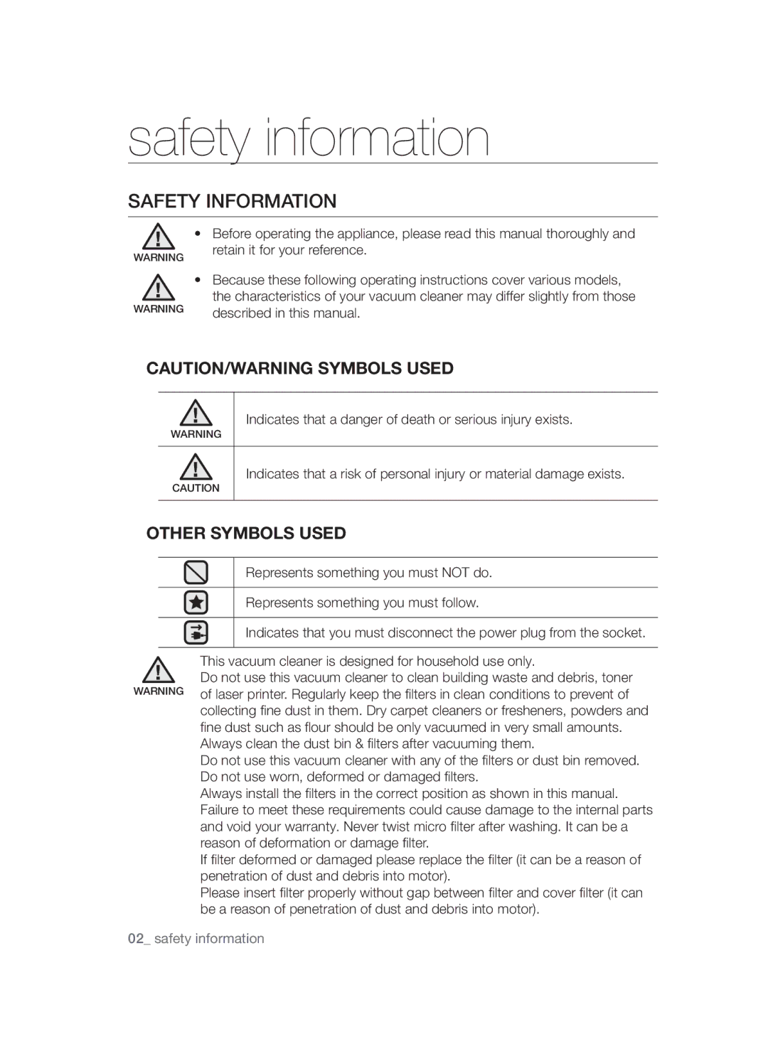 Samsung VCC52E5V3O/BOL, VCC52E5V3O/XEH, VCC52F0S3R/XEH manual Safety information, Safety Information, Other Symbols Used 