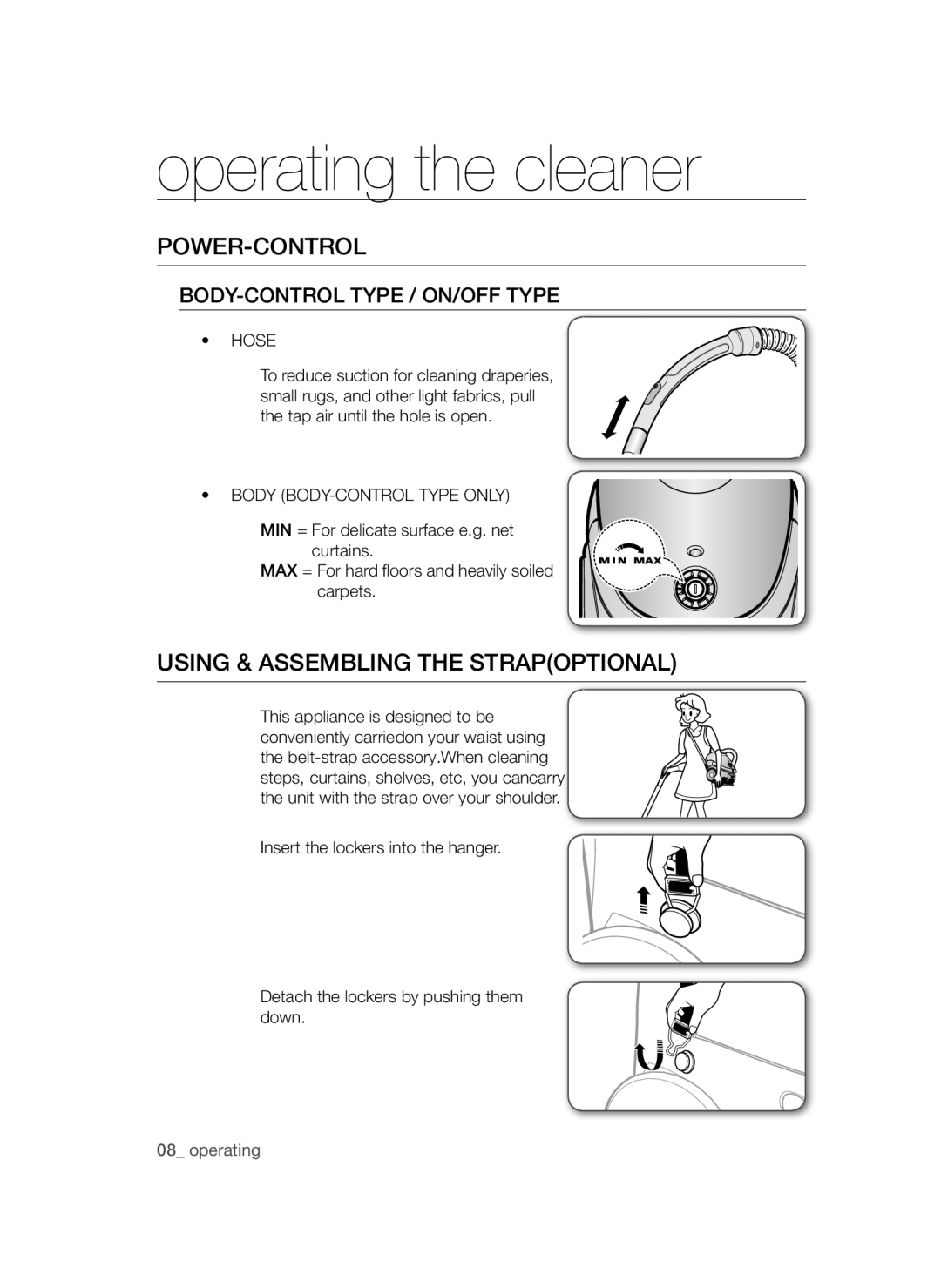 Samsung VCC52F0S3R/XEH manual Power-Control, Using & Assembling the Strapoptional, BODY-CONTROL Type / ON/OFF Type, Hose 