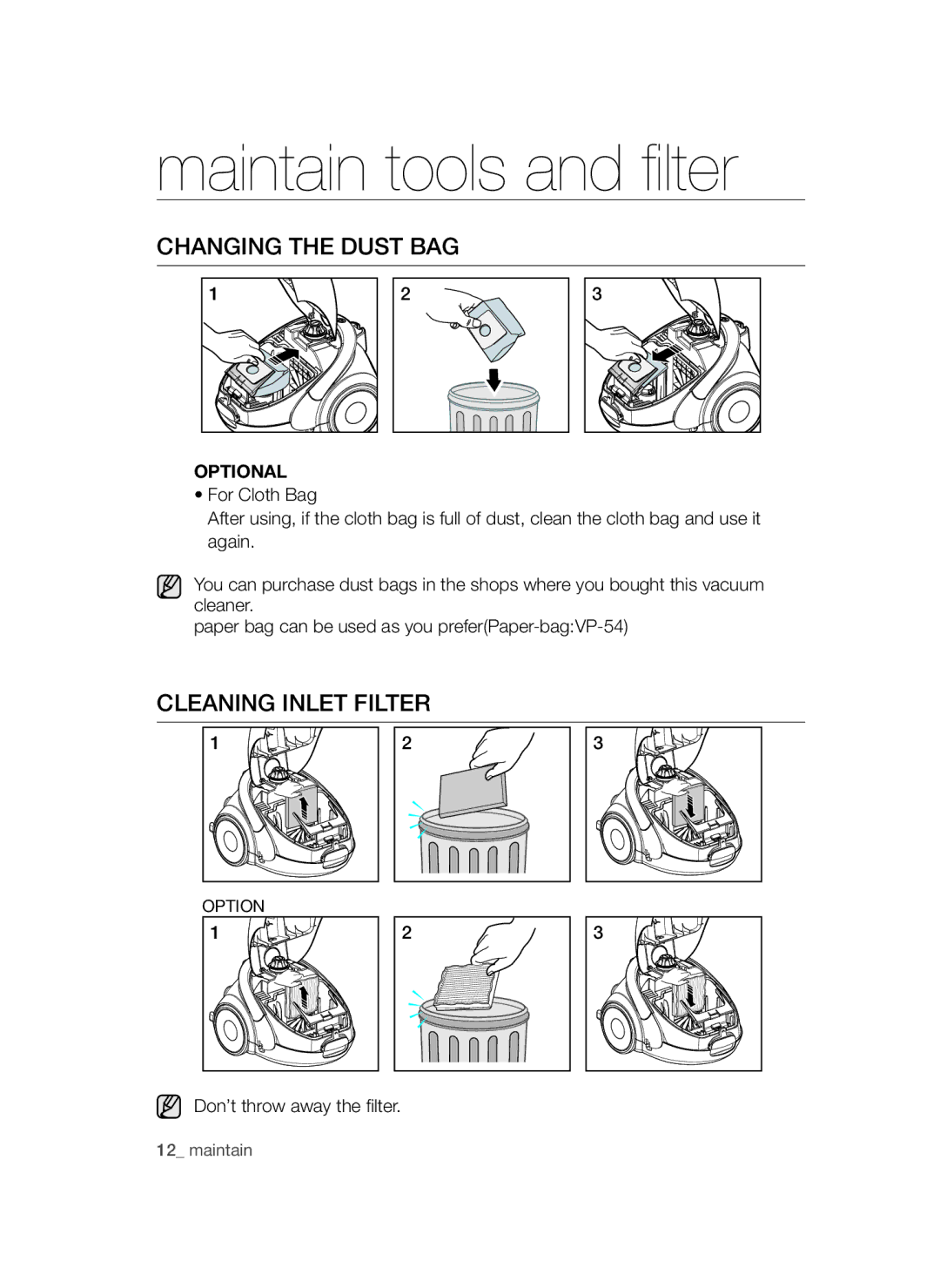Samsung VCC5250V3R/XST, VCC52E5V3O/XEH, VCC52F0S3R/XEH, VCC5250V4O/ATC manual Changing the Dust BAG, Cleaning Inlet Filter 