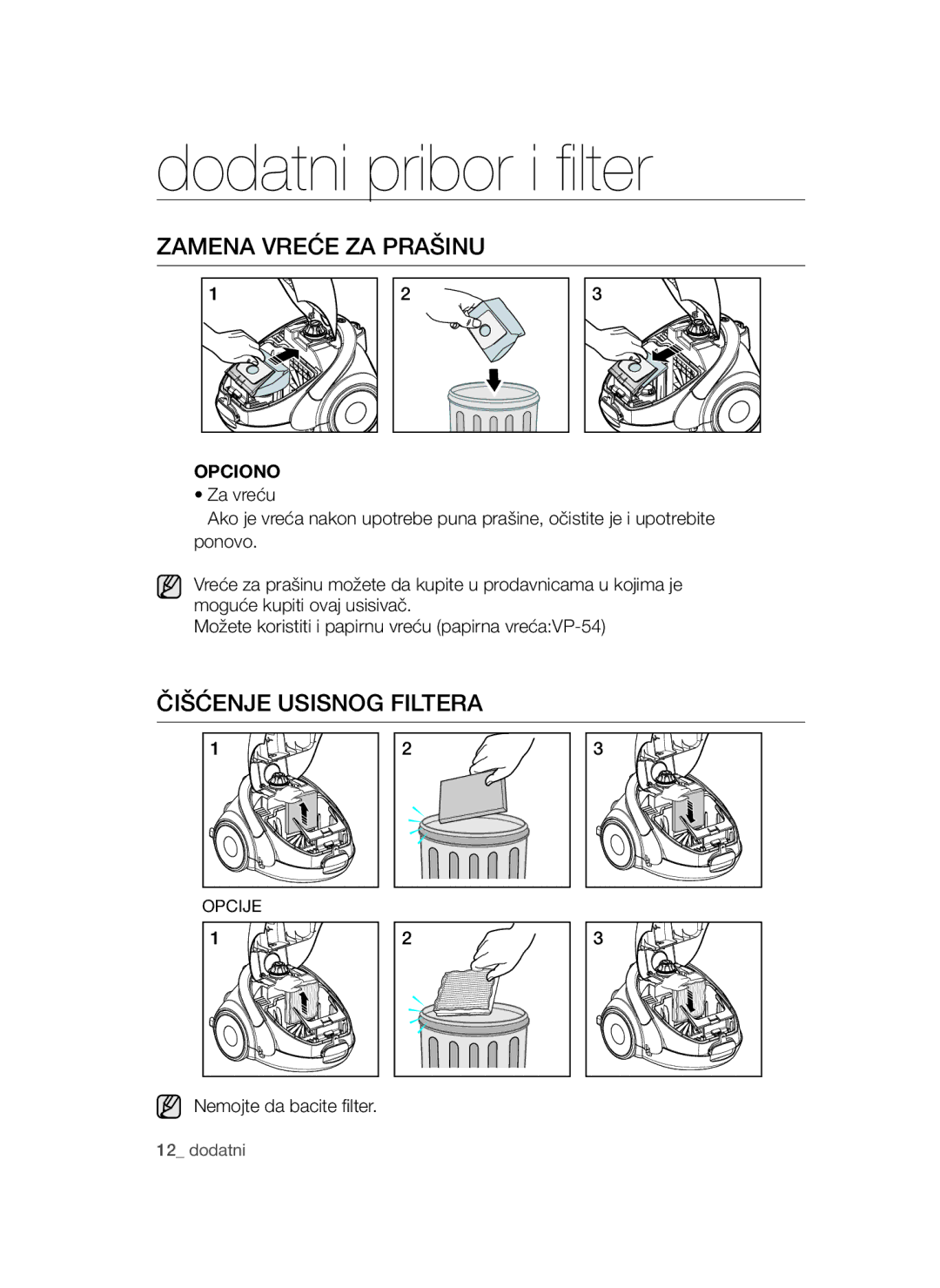 Samsung VCC52E5V3O/BOL, VCC52E5V3O/XEH, VCC52F0S3R/XEH, VCC5250V4O/ATC Zamena Vreće ZA Prašinu, Čišćenje Usisnog Filtera 