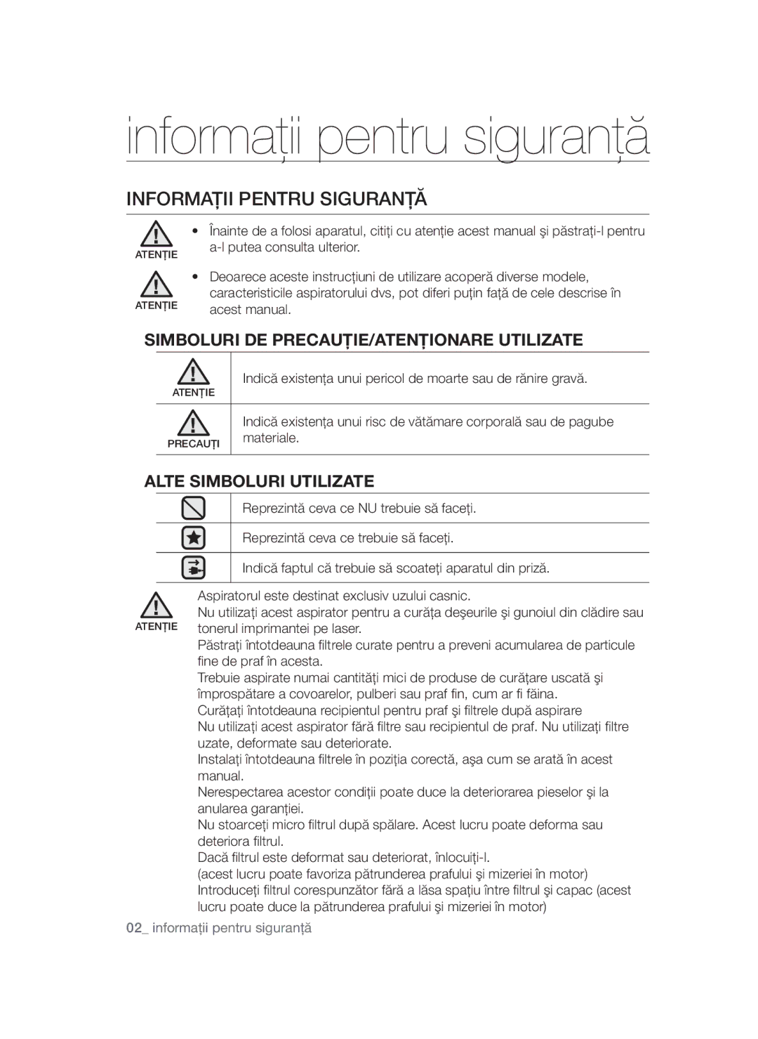 Samsung VCC52F0S3R/XEH, VCC52E5V3O/XEH Informaţii pentru siguranţă, Informaţii Pentru Siguranţă, Alte Simboluri Utilizate 