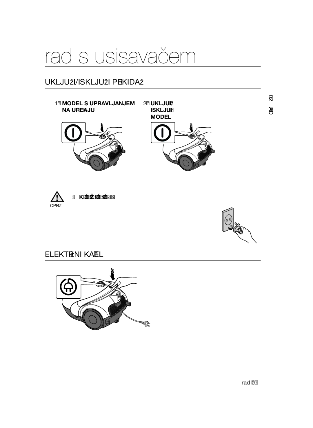 Samsung VCC52U1V3R/XEH, VCC52E5V3O/XEH, VCC52F0S3R/XEH manual Rad s usisavačem, UKLJUČI/ISKLJUČI Prekidač, Električni Kabel 