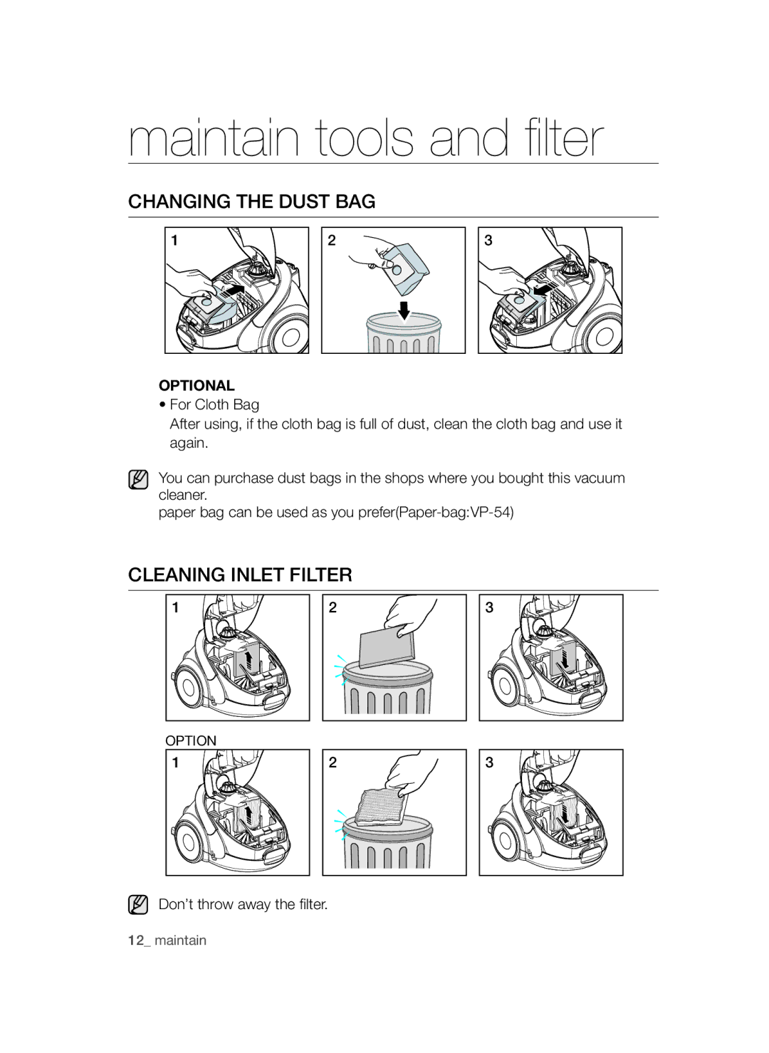 Samsung VCC52U0V3K/XEE manual Changing the Dust BAG, Cleaning Inlet Filter, Don’t throw away the filter 