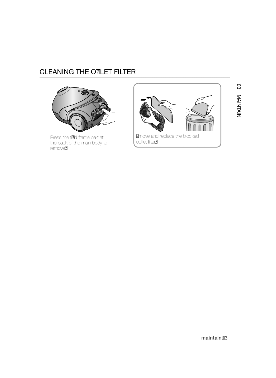 Samsung VCC52U0V3K/XEE manual Cleaning the Outlet Filter 