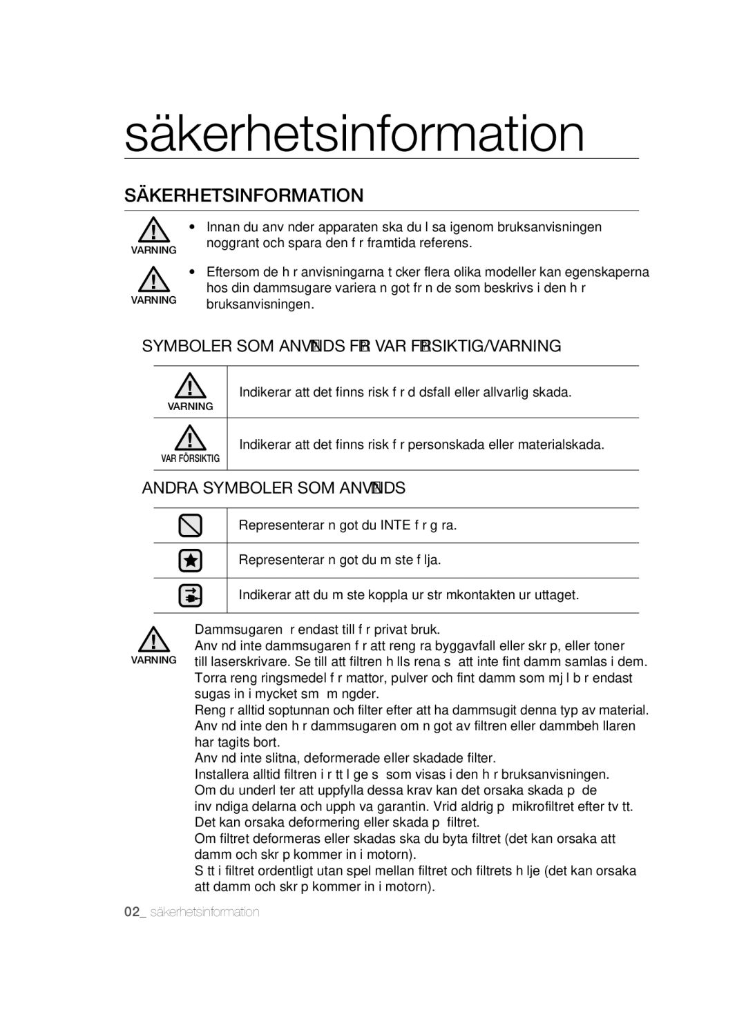 Samsung VCC52U0V3K/XEE manual Säkerhetsinformation 