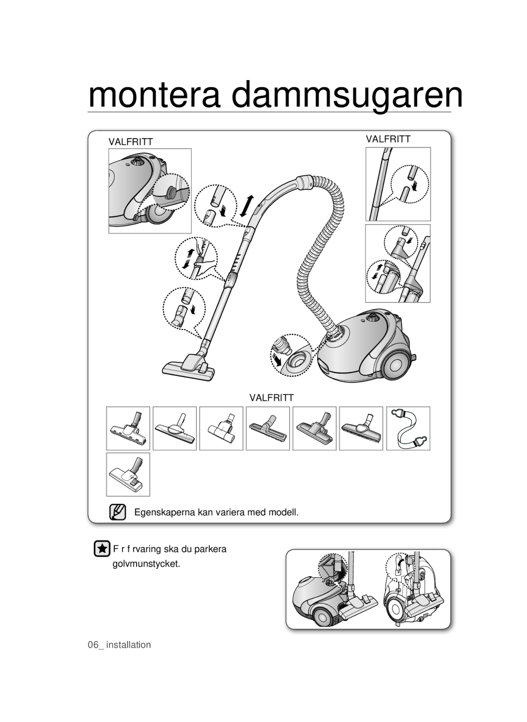 Samsung VCC52U0V3K/XEE manual Montera dammsugaren 