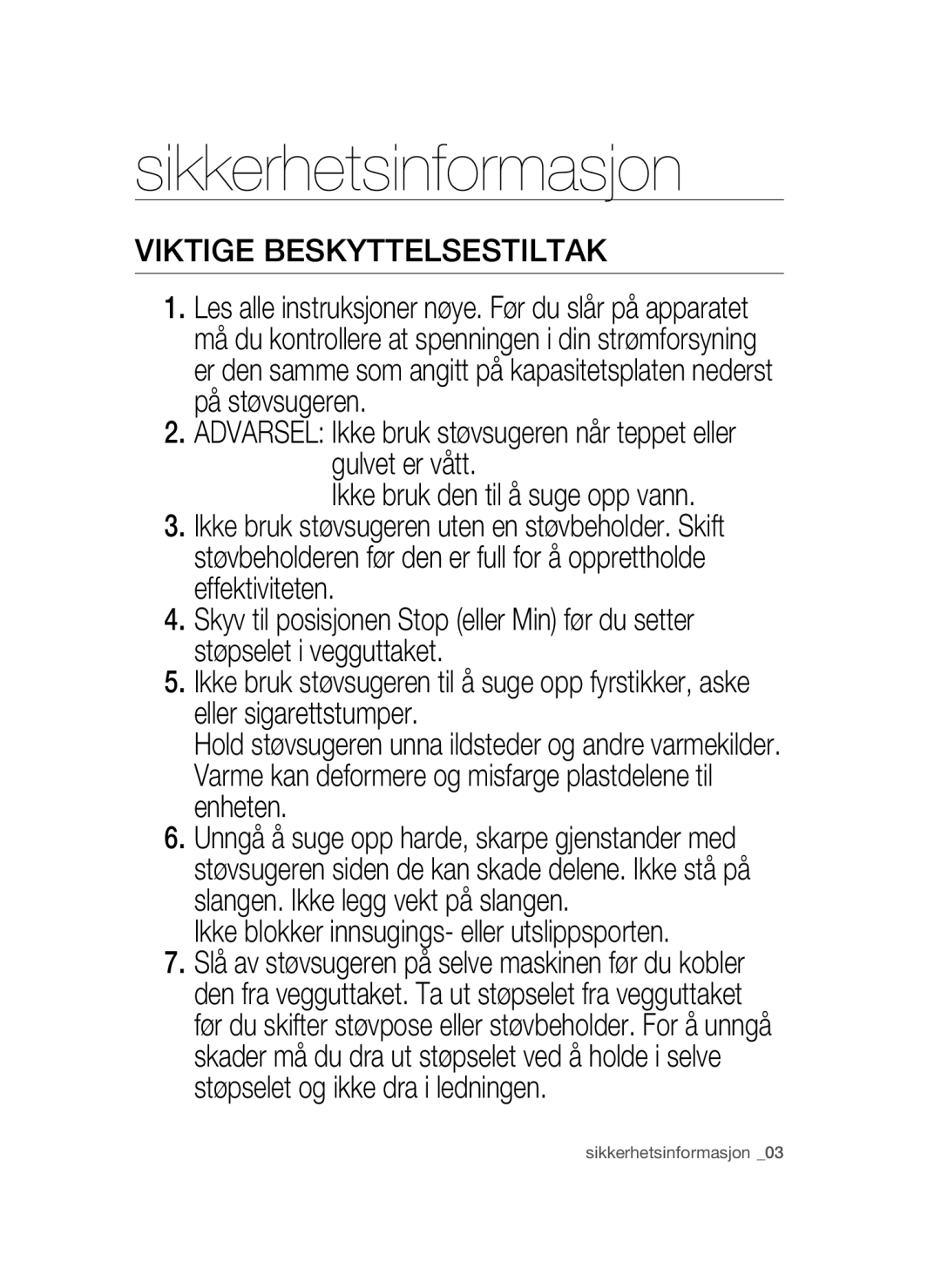 Samsung VCC52U0V3K/XEE manual Viktige Beskyttelsestiltak 