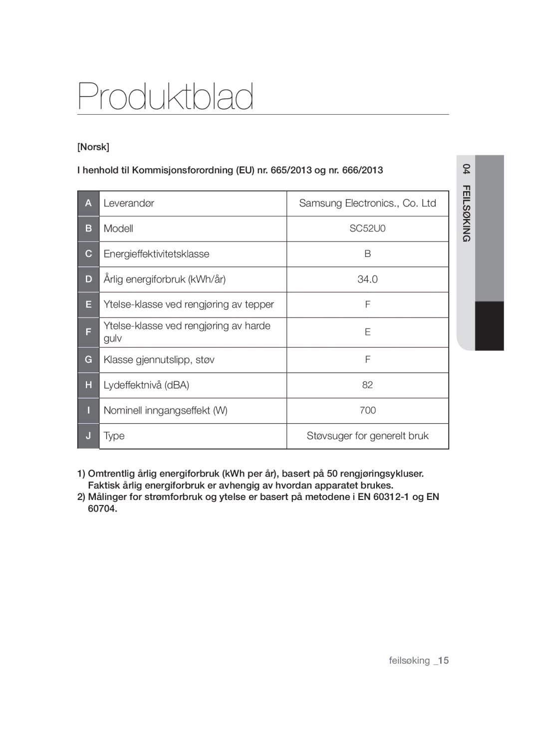 Samsung VCC52U0V3K/XEE manual Støvsuger for generelt bruk 