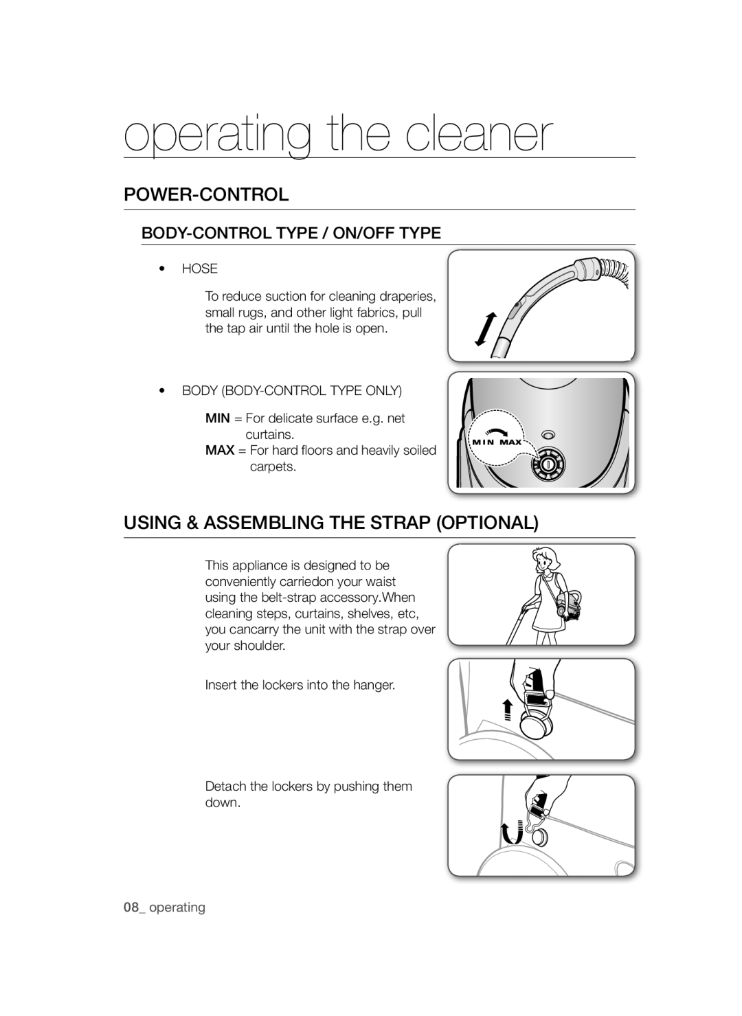 Samsung VCC52U0V3K/XEE manual Power-Control, Using & Assembling the Strap Optional, Hose, Body BODY-CONTROL Type only 