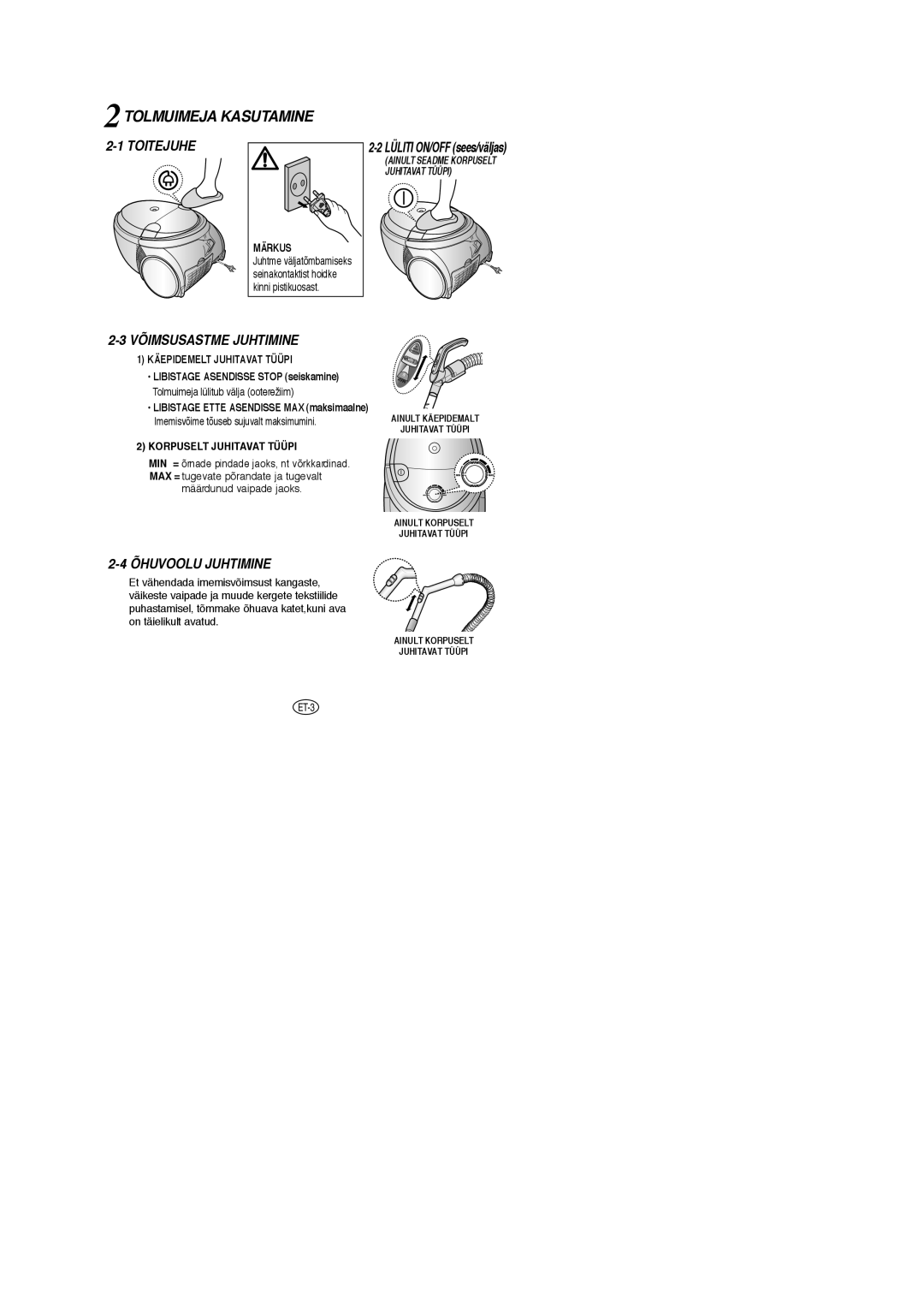 Samsung VCC5345V3B/SBW manual 2TOLMUIMEJA Kasutamine, Märkus, Käepidemelt Juhitavat Tüüpi, Korpuselt Juhitavat Tüüpi 