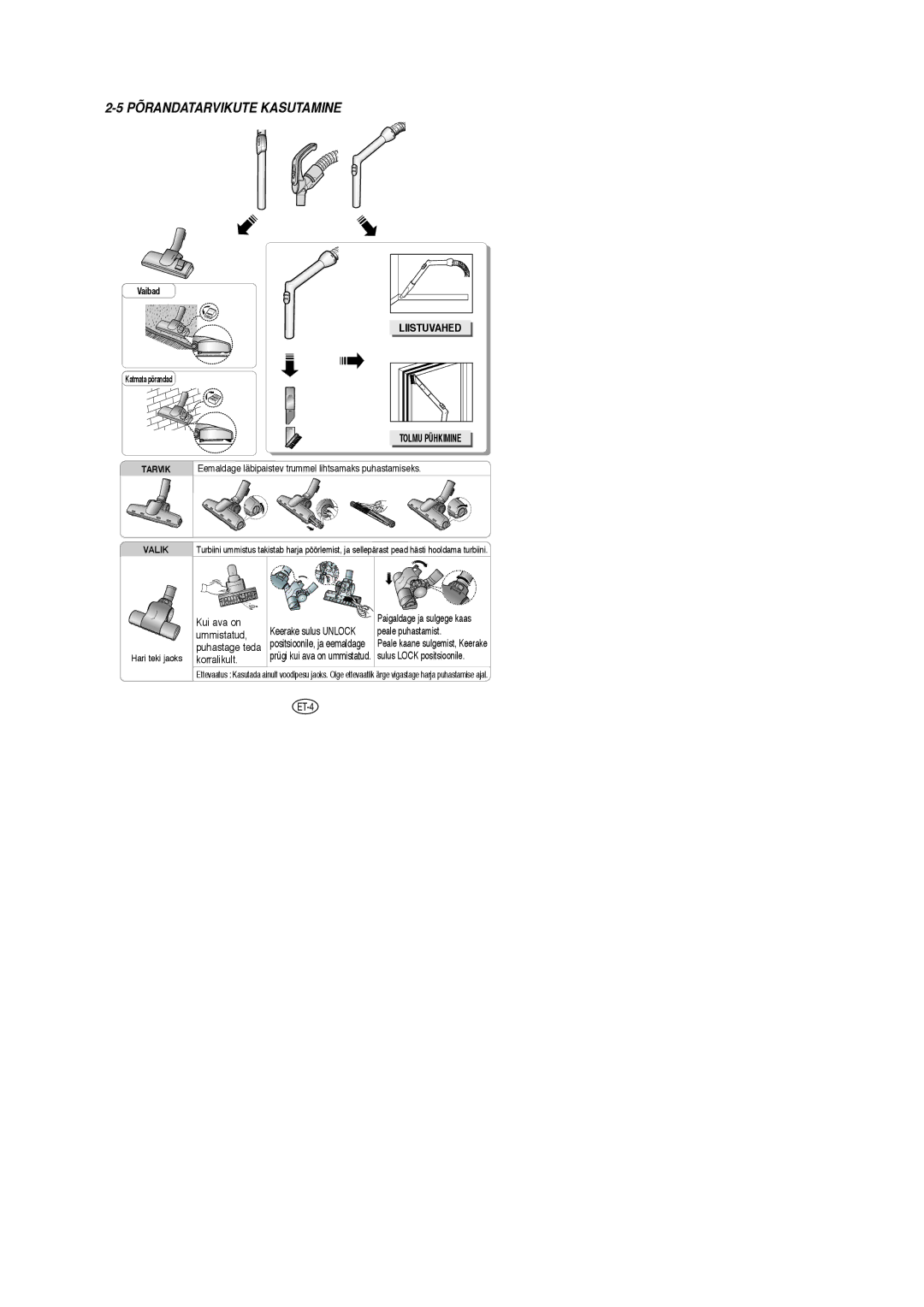 Samsung VCC5345V3S/XEV, VCC5345V3S/SBW, VCC5355H3B/SBW, VCC5356H3N/SBW, VCC5357H3W/SBW manual Liistuvahed, Tolmu Pühkimine 