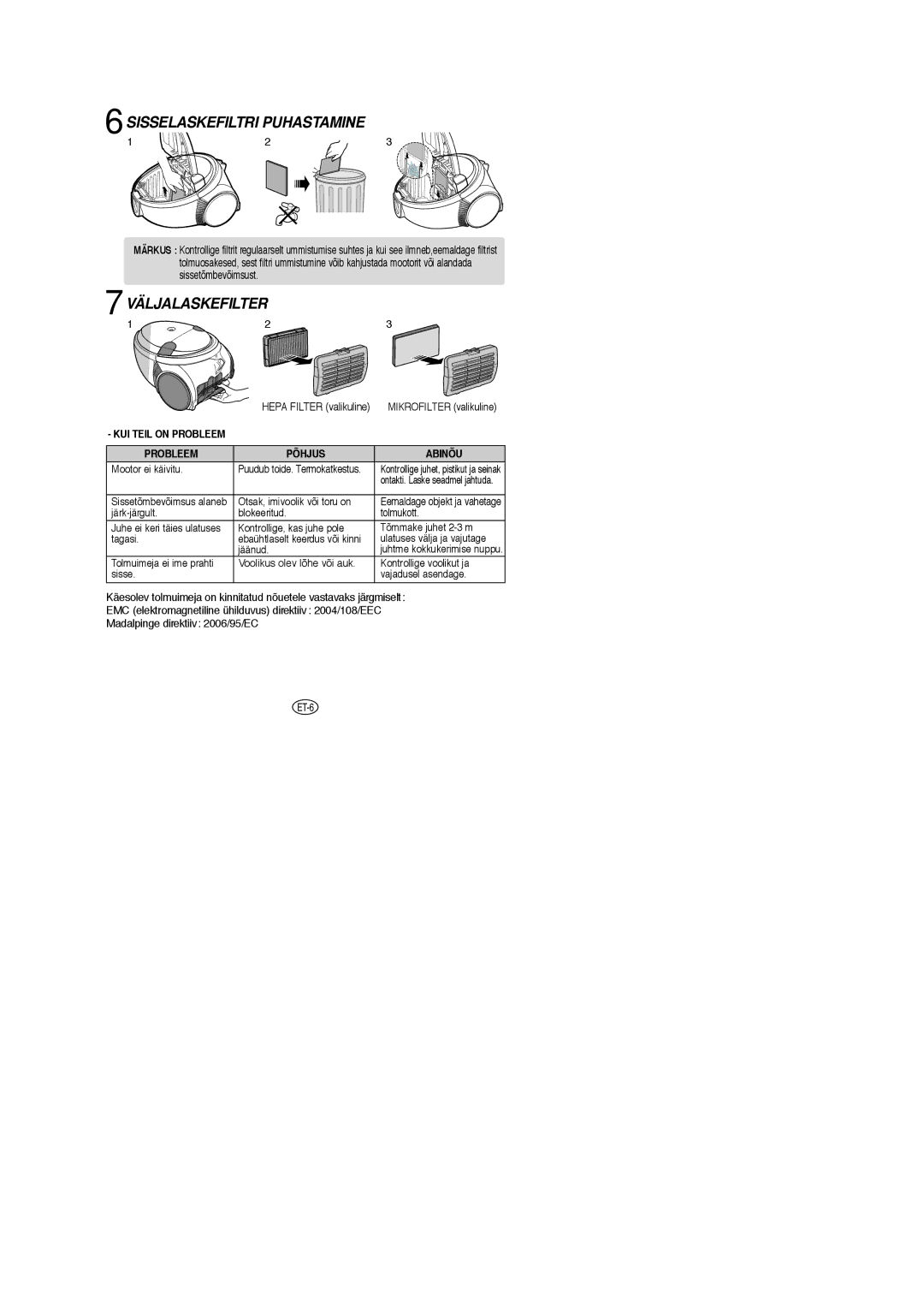 Samsung VCC5377H33/XEV, VCC5345V3S/SBW manual Sisselaskefiltri Puhastamine, Väljalaskefilter, Probleem Põhjus Abinõu 