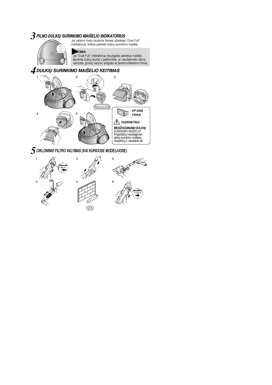 Samsung VCC5355H3B/XEV manual 3PILNO Dulkið Surinkimo Maišelio Indikatorius, 4DULKIÐ Surinkimo Maišelio Keitimas, Tipas 