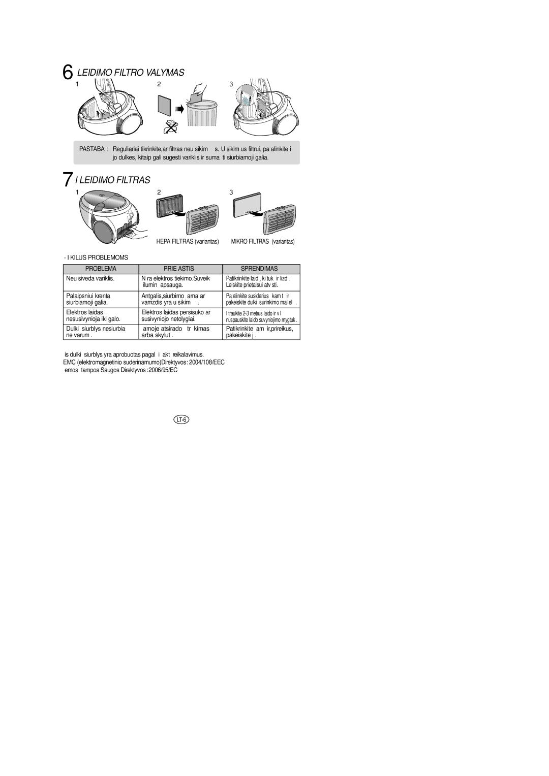 Samsung VCC5345V3S/SBW, VCC5355H3B/SBW manual Øleidimo Filtro Valymas, Išleidimo Filtras, Problema Priežastis Sprendimas 