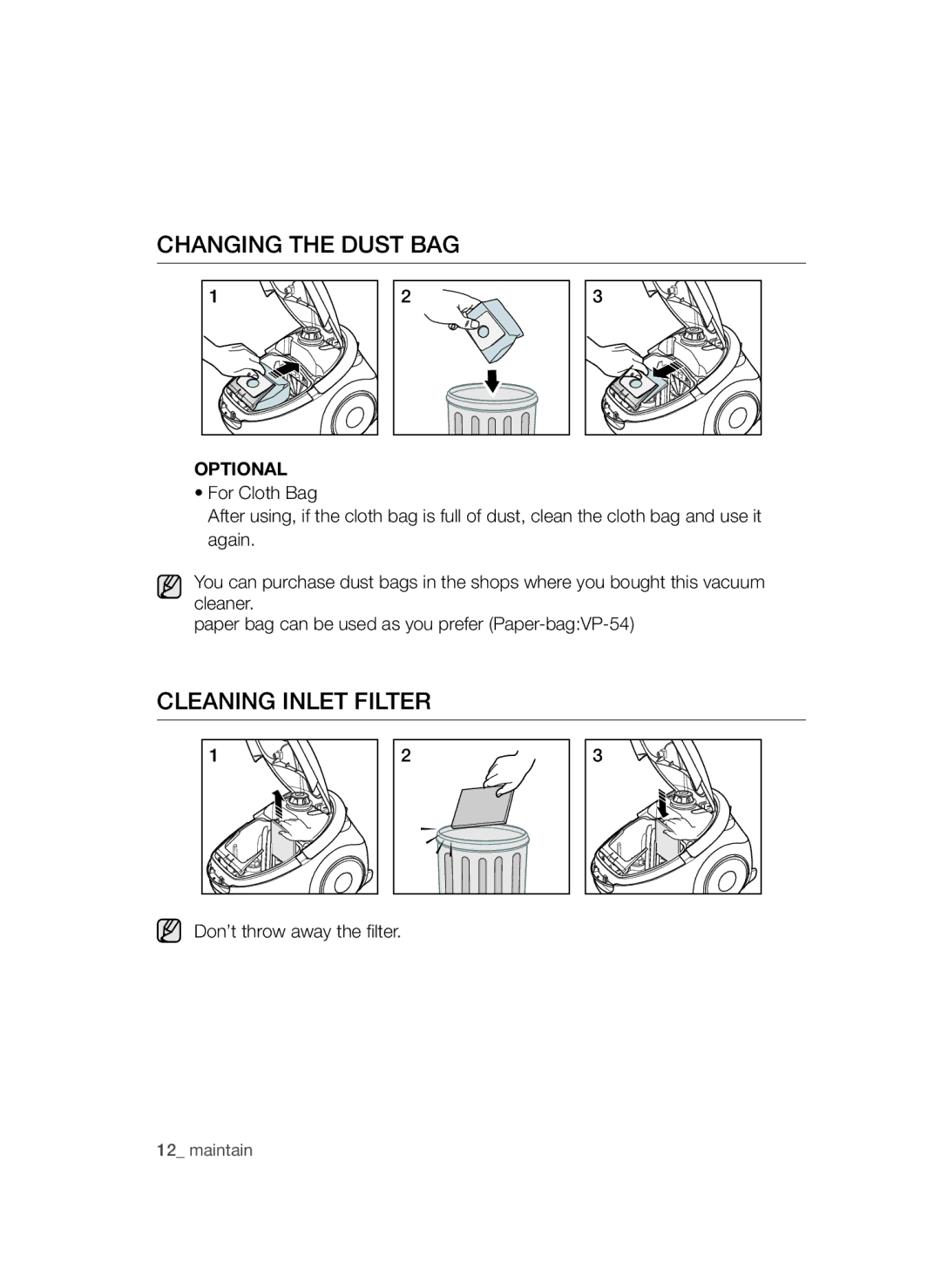 Samsung VCC5455V3B/BOL, VCC54E1H31/BOL manual Changing the Dust BAG, Cleaning Inlet Filter, Don’t throw away the filter 