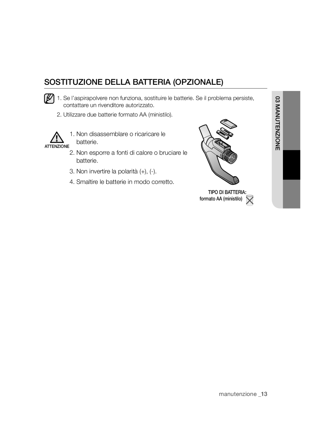 Samsung VCC5480V32/ATH, VCC5480V3B/XET manual Sostituzione della batteria opzionale 