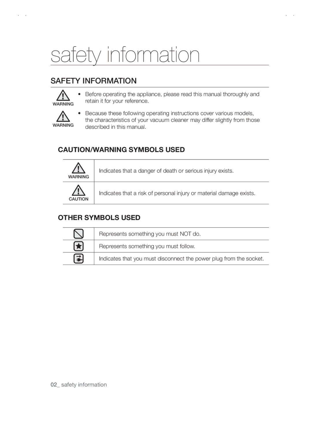 Samsung VCC5480V3B/XET, VCC5480V3R/XTR, VCC5480V3B/XTR manual Safety information 