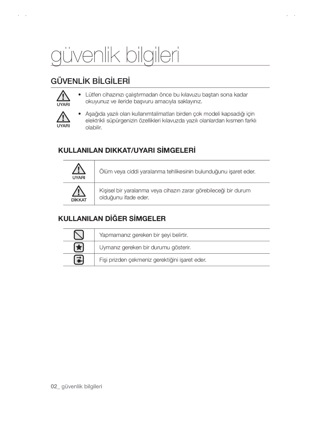 Samsung VCC5480V3B/XET, VCC5480V3R/XTR, VCC5480V3B/XTR manual Güvenlik bilgileri, Güvenlİk Bİlgİlerİ 