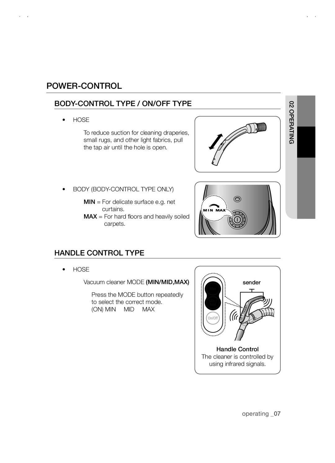 Samsung VCC5480V3B/XTR, VCC5480V3R/XTR, VCC5480V3B/XET Power-Control, Hose, Body BODY-CONTROL Type only, On MIN → MID → MAX 