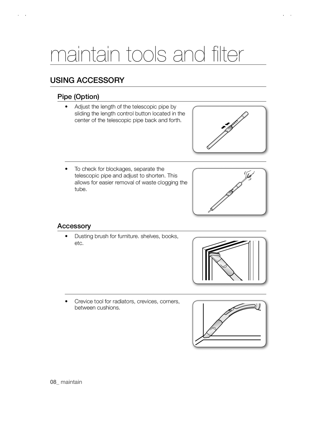 Samsung VCC5480V3B/XET, VCC5480V3R/XTR, VCC5480V3B/XTR manual Maintain tools and filter, Using accessory 