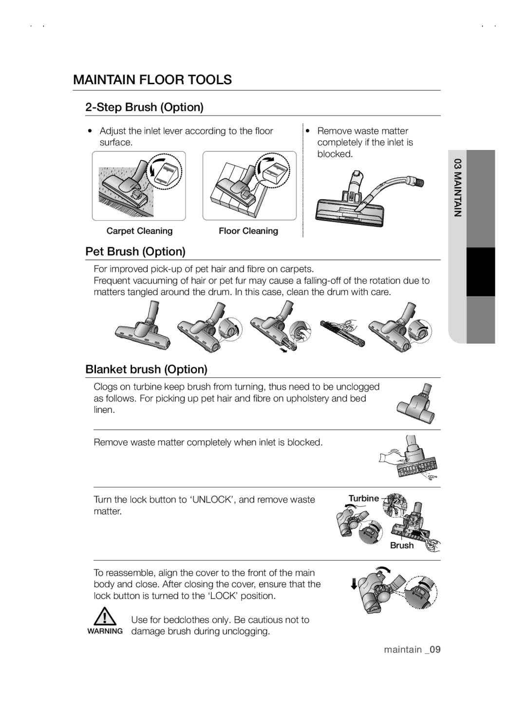 Samsung VCC5480V3R/XTR, VCC5480V3B/XTR, VCC5480V3B/XET manual Maintain floor tools, Step Brush Option 