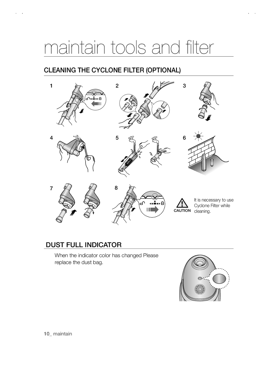 Samsung VCC5480V3B/XTR, VCC5480V3R/XTR, VCC5480V3B/XET manual Cleaning the Cyclone Filter Optional, Dust Full Indicator 