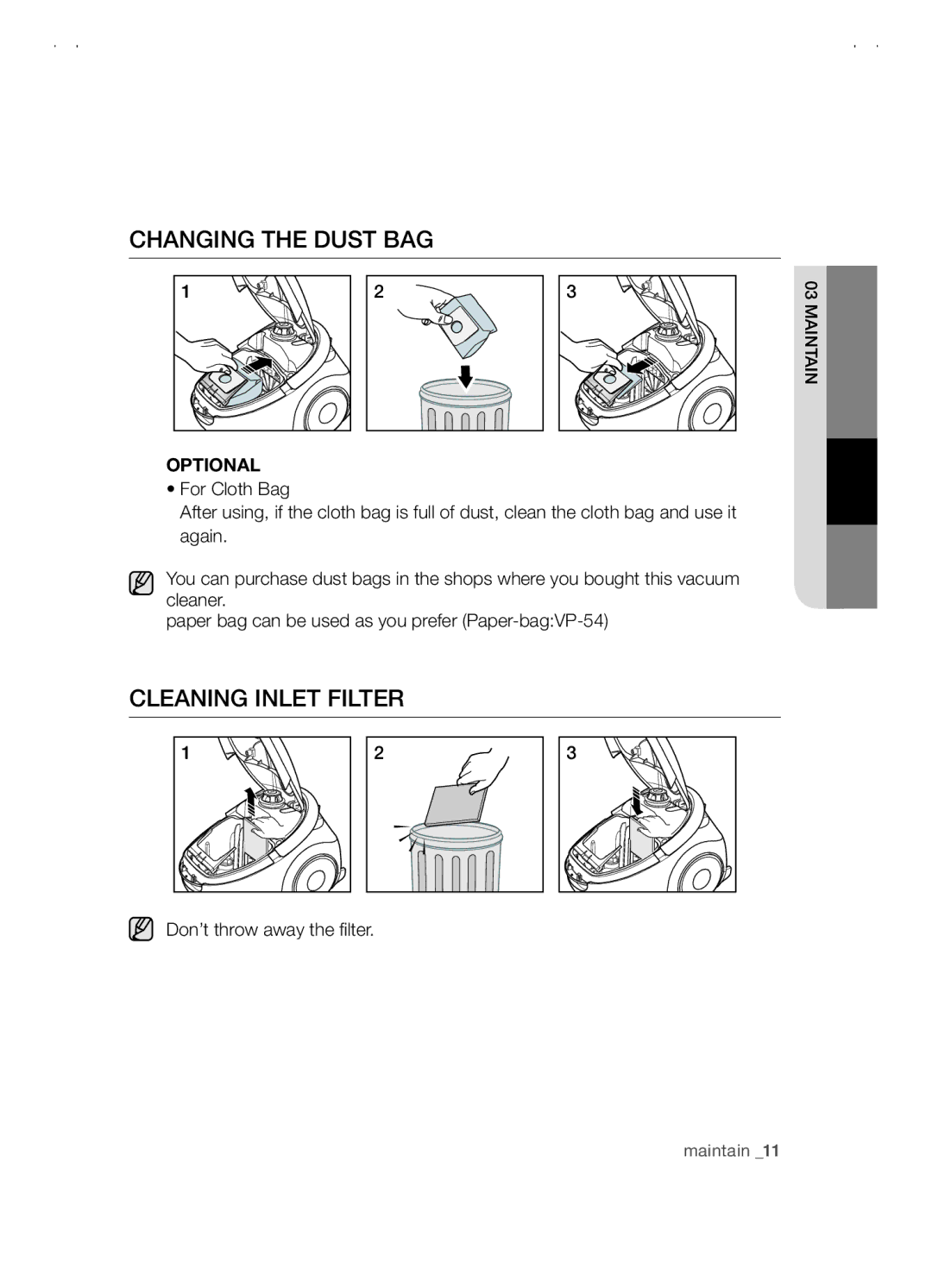 Samsung VCC5480V3B/XET, VCC5480V3R/XTR, VCC5480V3B/XTR manual ChANGING ThE Dust bAG, Cleaning inlet filter 