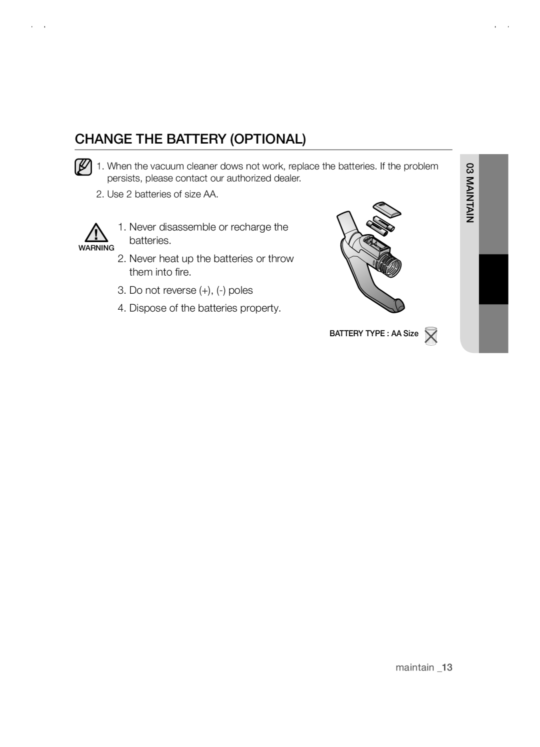 Samsung VCC5480V3B/XTR, VCC5480V3R/XTR, VCC5480V3B/XET manual Change the battery optional 