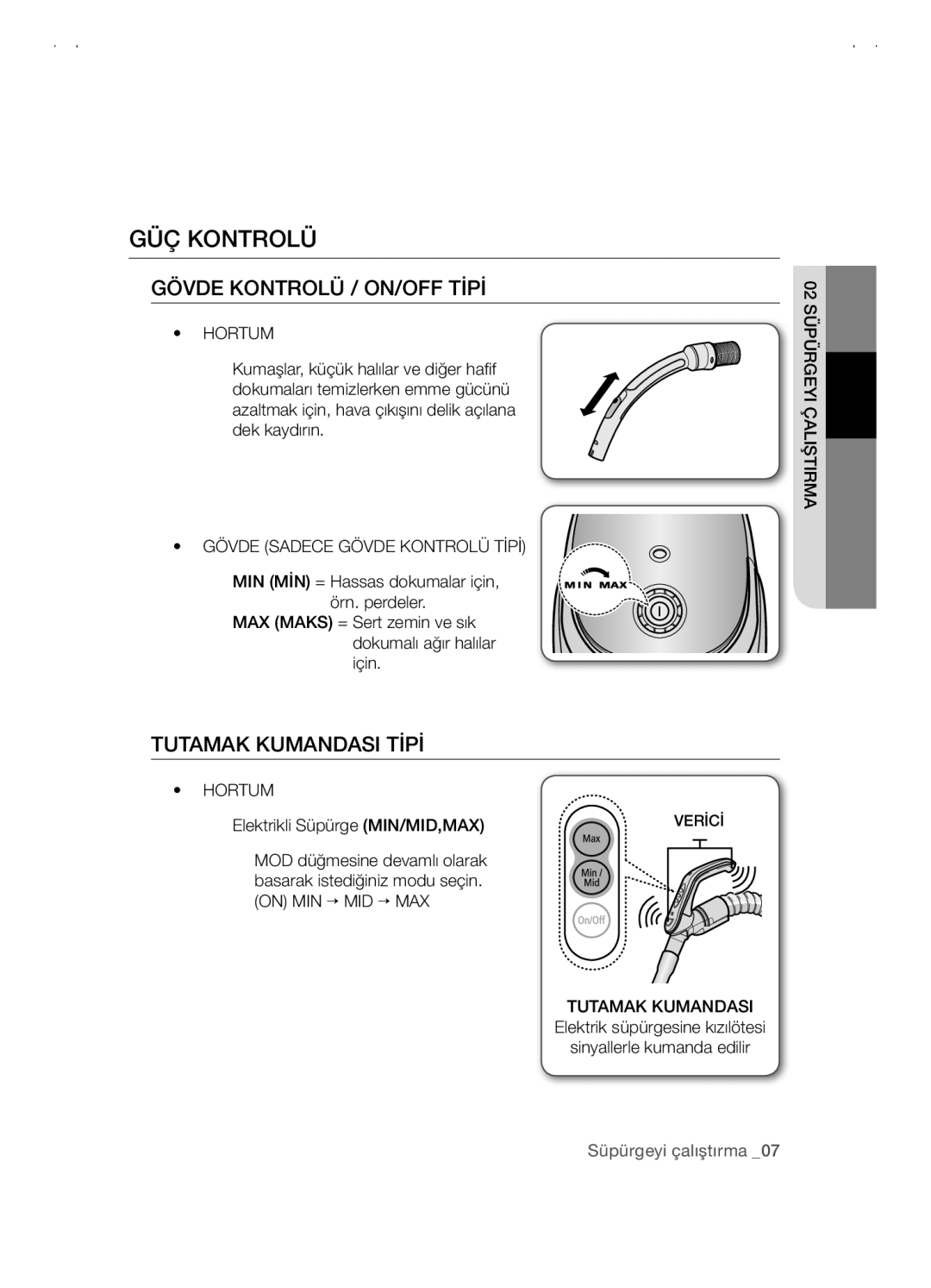 Samsung VCC5480V3B/XTR, VCC5480V3R/XTR manual GÜÇ Kontrolü, Hortum, Gövde Sadece Gövde Kontrolü Tİpİ, Tutamak Kumandasi 