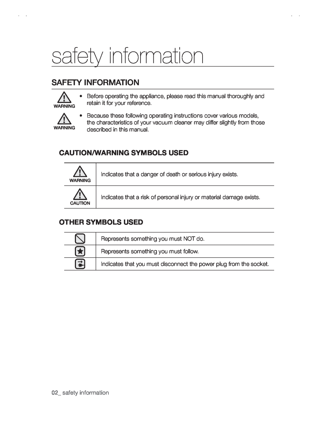 Samsung VCC5480V3B/XET manual safety information, Safety information, Caution/Warning Symbols Used, Other Symbols Used 