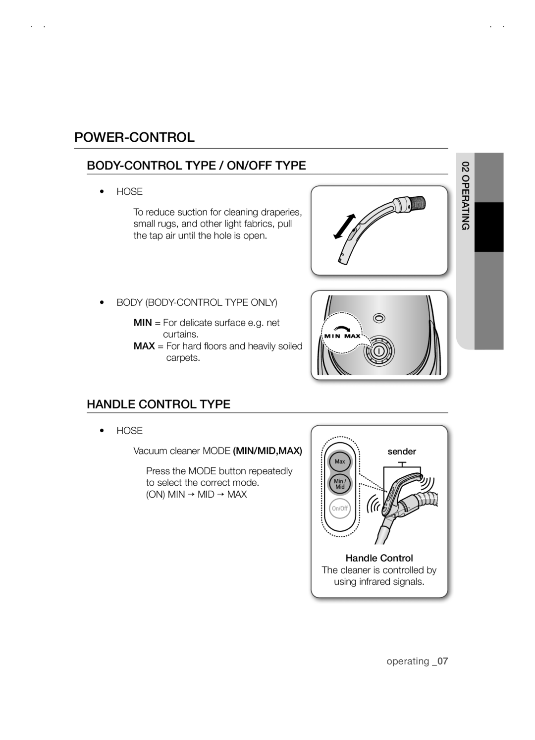 Samsung VCC5480V3B/XTR, VCC5480V3R/XTR manual Power-Control, Body-Control Type / On/Off Type, Handle Control Type, operating 