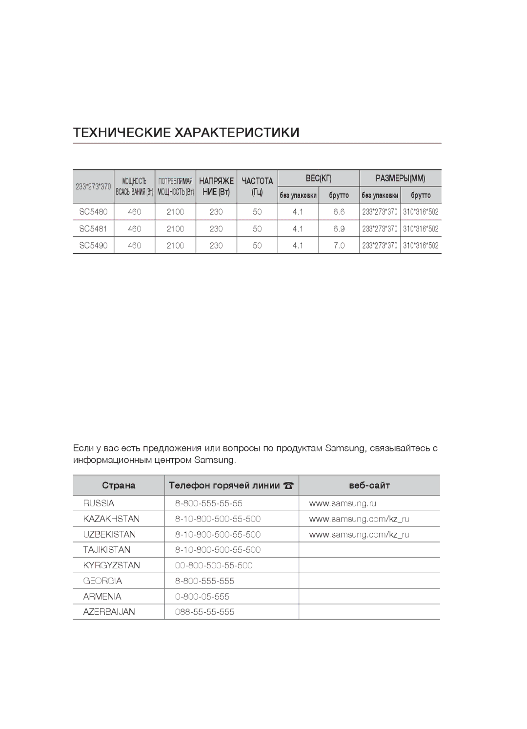 Samsung VCC5481V32/XEV, VCC5480V33/XEV, VCC5490H31/XEV manual Технические Характеристики 