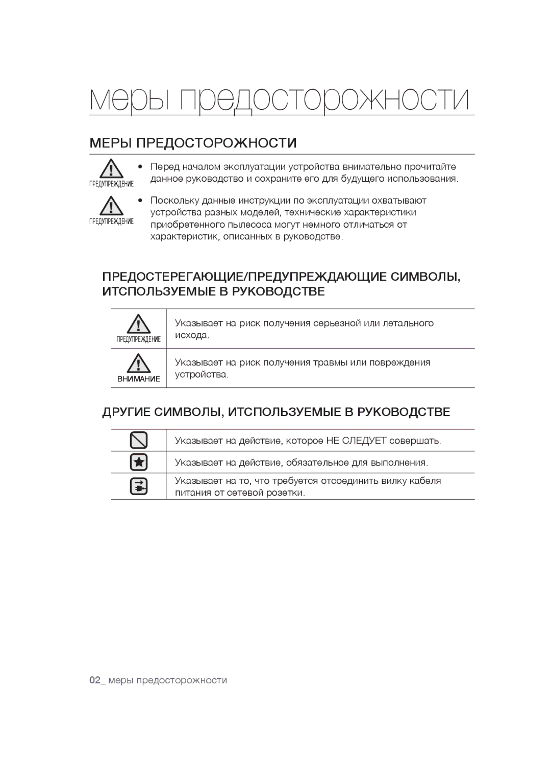 Samsung VCC5490H31/XEV, VCC5481V32/XEV, VCC5480V33/XEV manual Меры предосторожности 