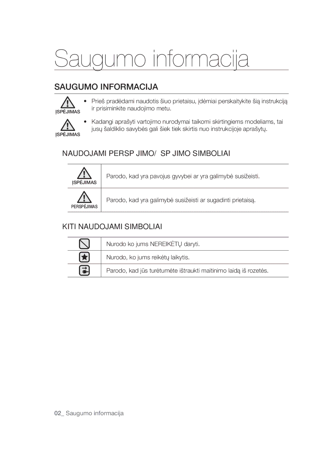 Samsung VCC5485V3B/XSB, VCC5455V3R/XSB manual Saugumo informacija 