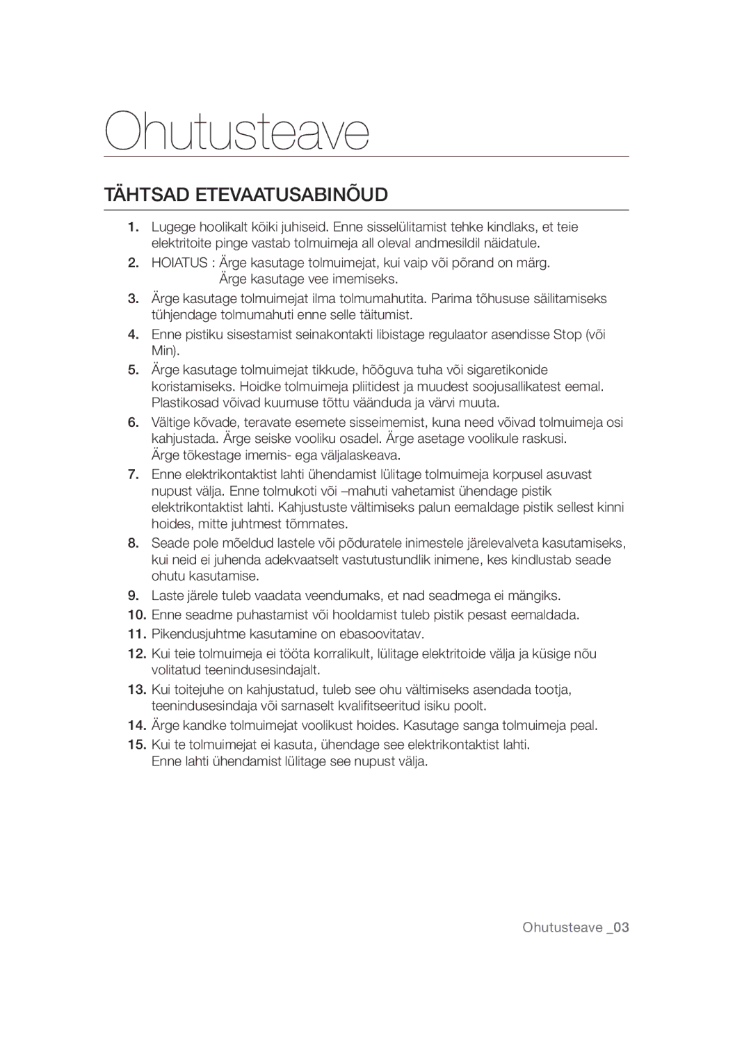 Samsung VCC5455V3R/XSB, VCC5485V3B/XSB manual Tähtsad Etevaatusabinõud 