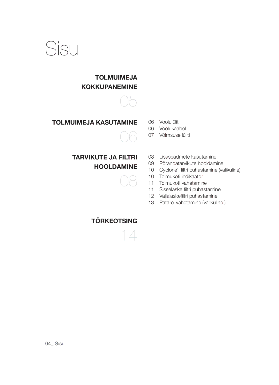 Samsung VCC5485V3B/XSB, VCC5455V3R/XSB manual Sisu, Hooldamine 