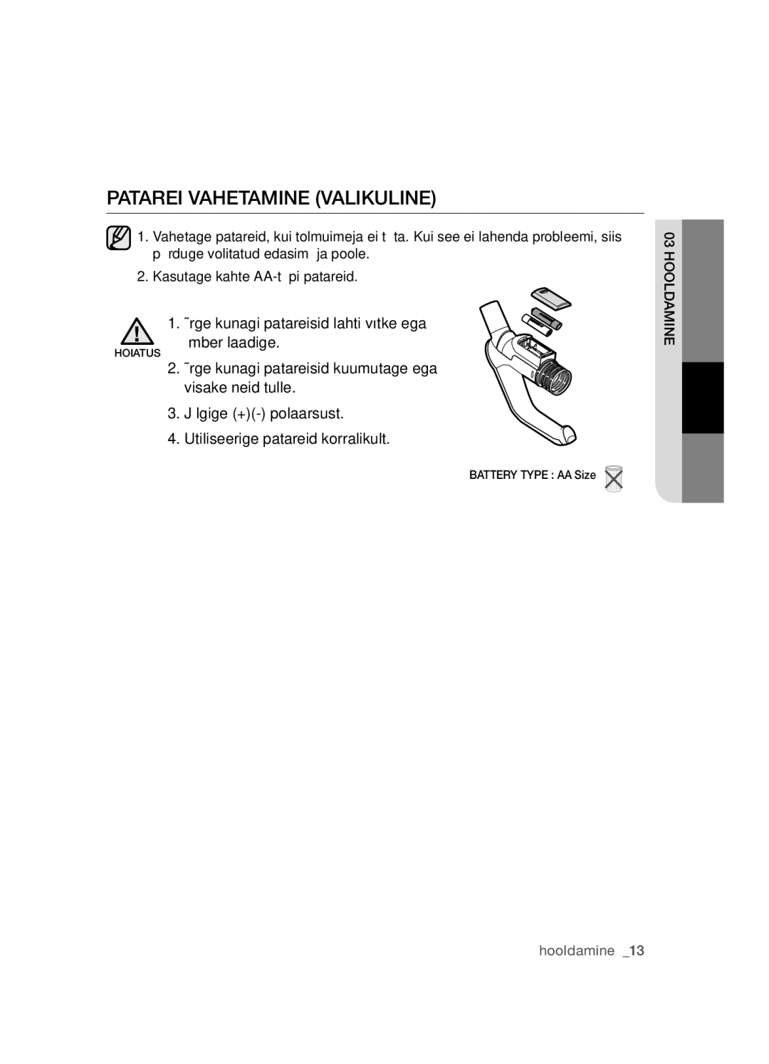 Samsung VCC5455V3R/XSB, VCC5485V3B/XSB manual Patarei Vahetamine valikuline 