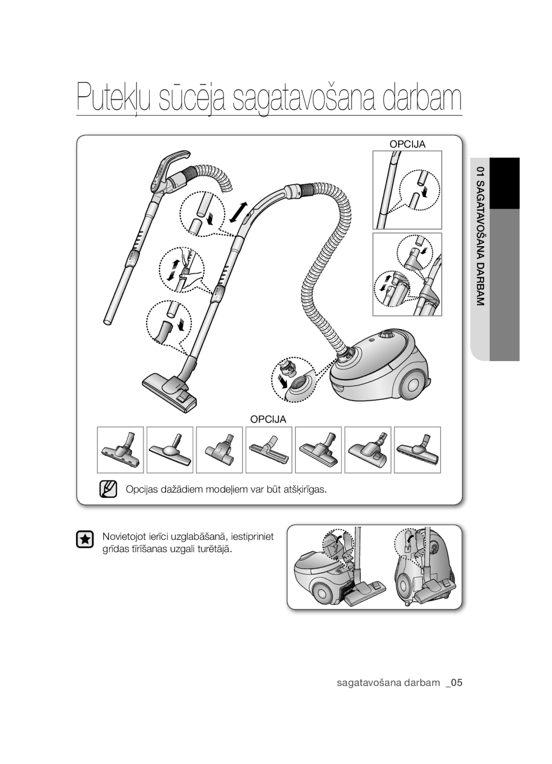 Samsung VCC5455V3R/XSB, VCC5485V3B/XSB manual Putekļu sūcēja sagatavošana darbam 