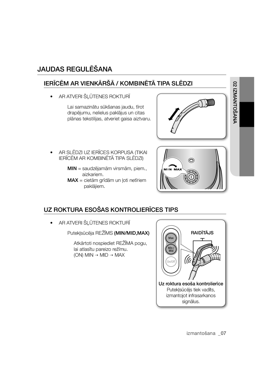 Samsung VCC5455V3R/XSB, VCC5485V3B/XSB manual Jaudas Regulēšana, AR Atveri Šļūtenes Rokturī 