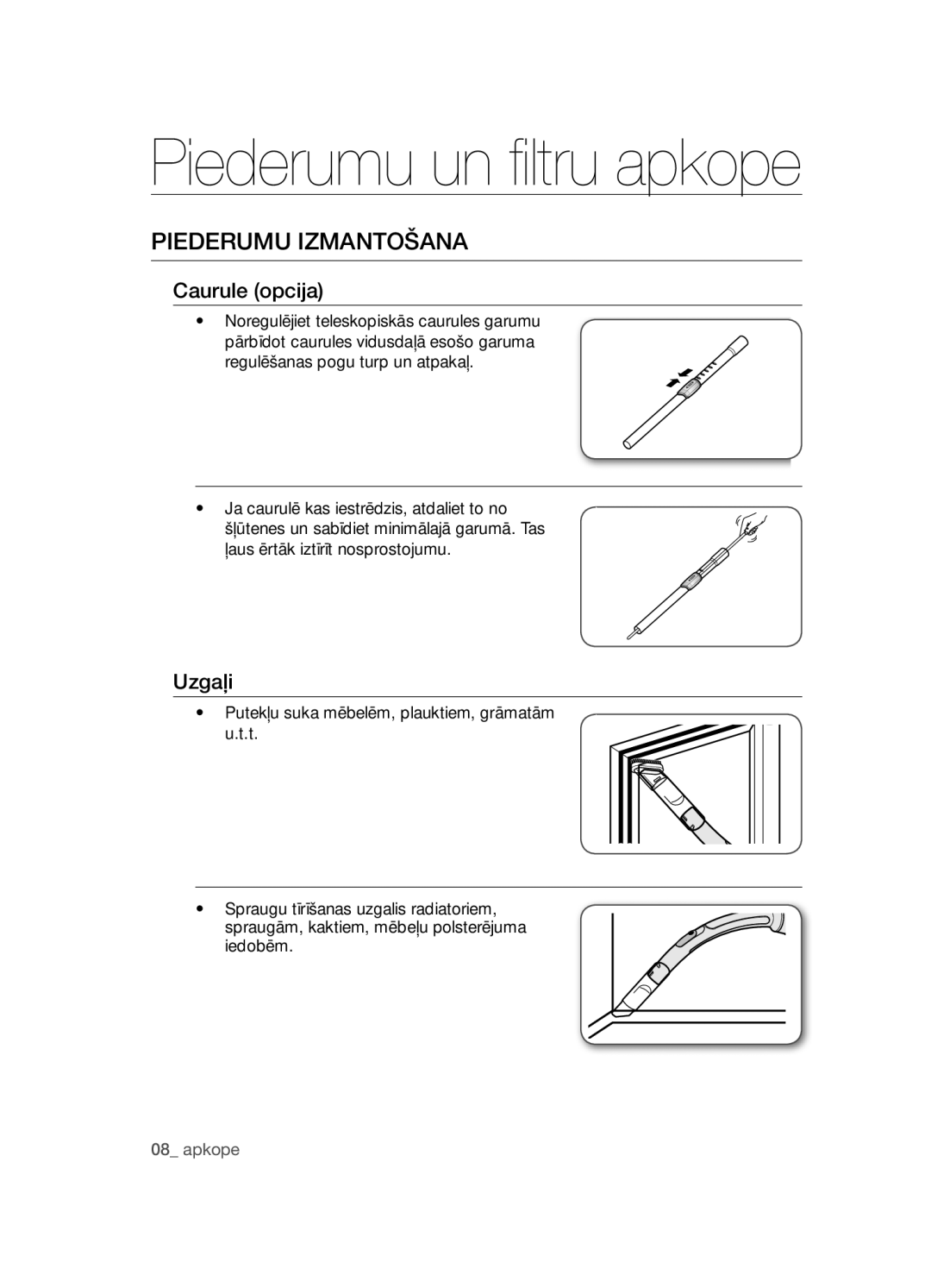 Samsung VCC5485V3B/XSB, VCC5455V3R/XSB manual PIEDEruMu IZMANtOšANA, Caurule opcija, Uzgaļi 