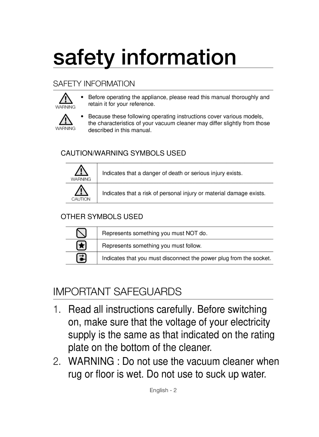 Samsung VCC54F0V3R/XTR manual Safety information, Safety Information 