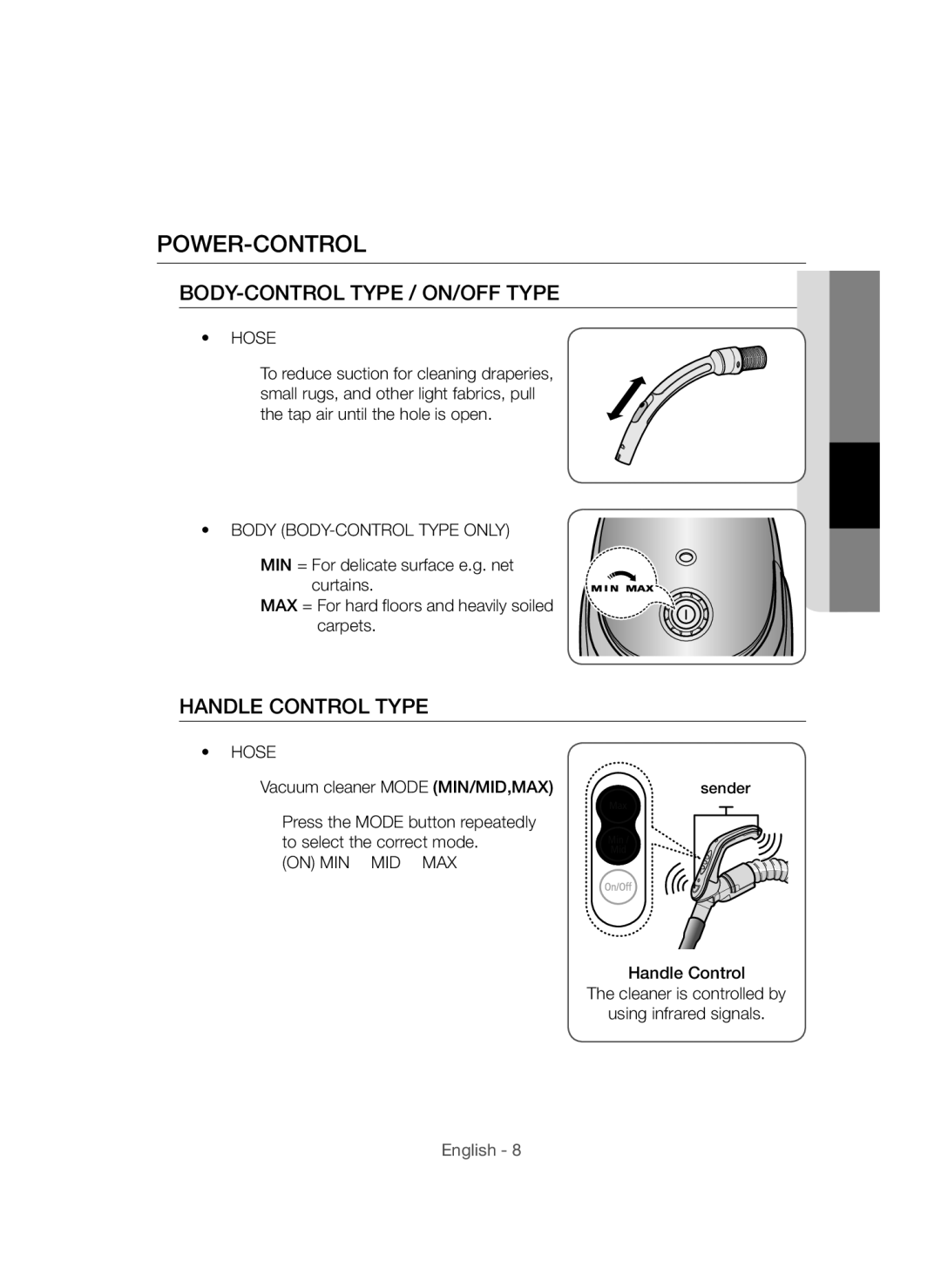 Samsung VCC54F0V3R/XTR manual Power-Control, Hose, Body BODY-CONTROL Type only, On MIN → MID → MAX 