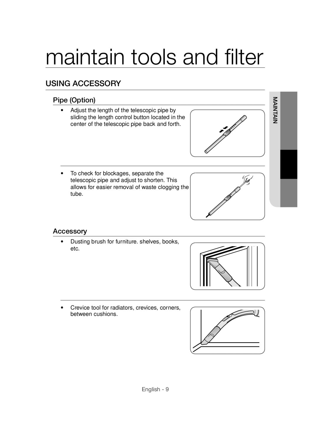 Samsung VCC54F0V3R/XTR manual Maintain tools and filter, Using Accessory 