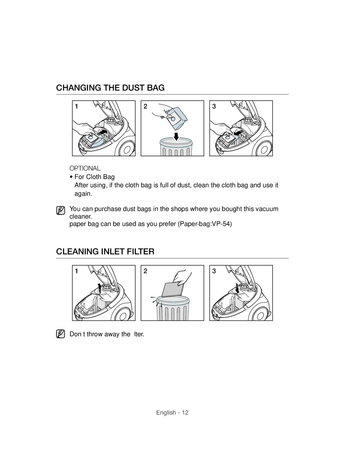 Samsung VCC54F0V3R/XTR manual Changing the Dust BAG, Cleaning Inlet Filter 