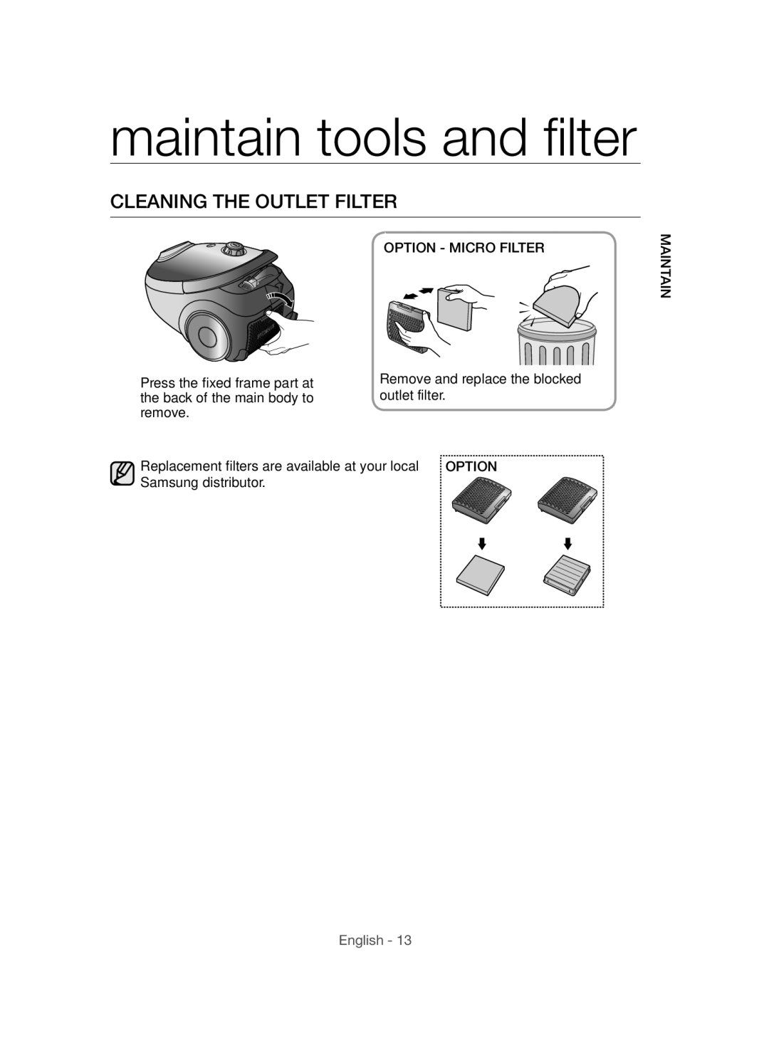 Samsung VCC54F0V3R/XTR manual Cleaning the Outlet Filter, Option Micro Filter 