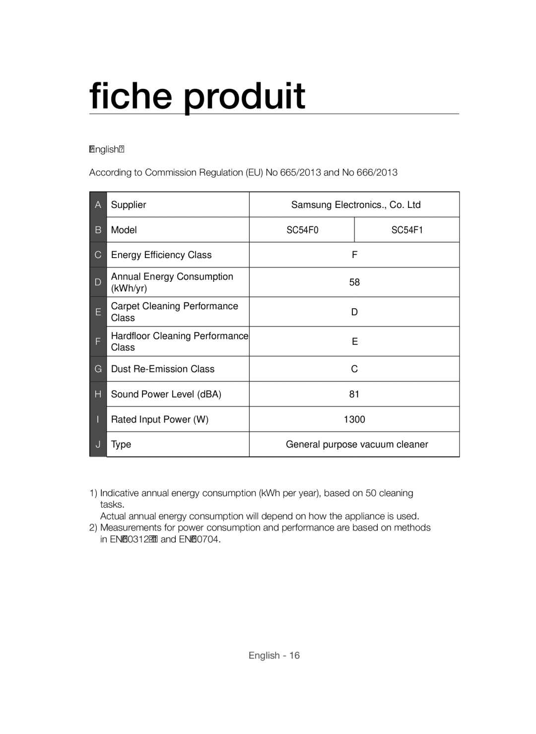 Samsung VCC54F0V3R/XTR manual Fiche produit 