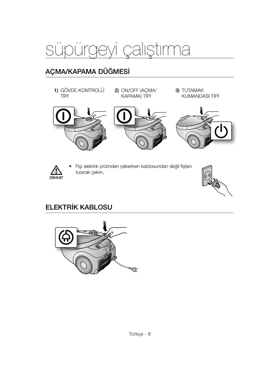 Samsung VCC54F0V3R/XTR manual Süpürgeyi çalıştırma, AÇMA/KAPAMA Düğmesİ, Elektrİk Kablosu 