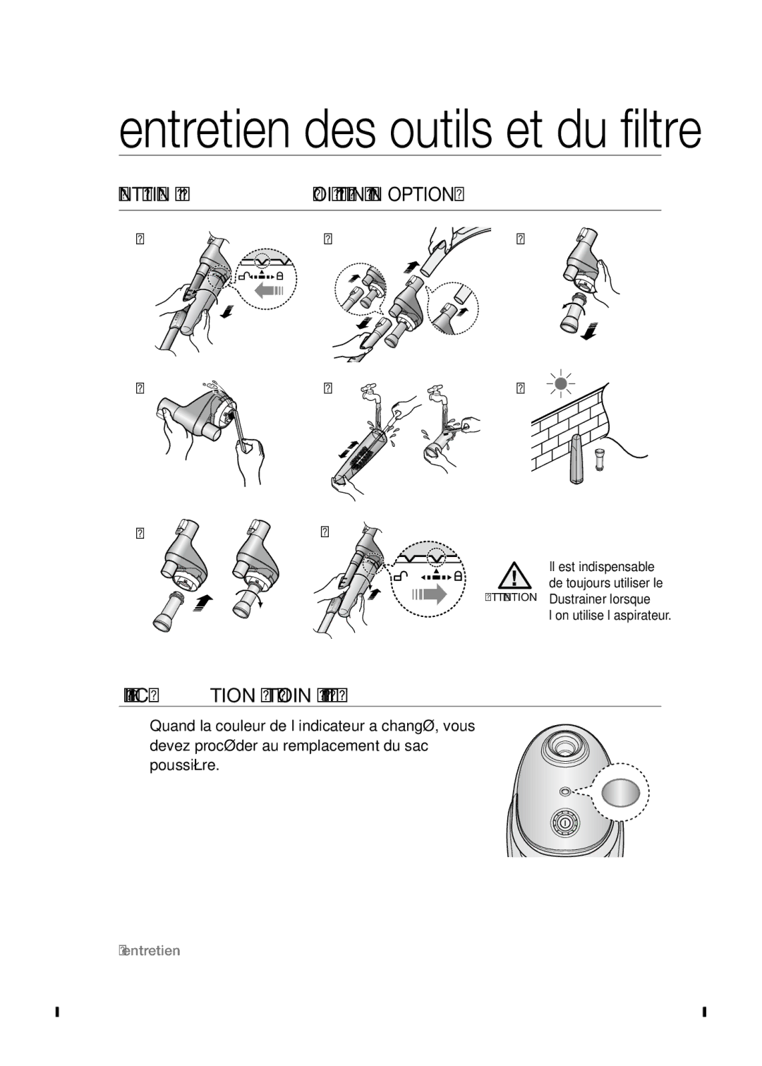 Samsung VCC54J0V3B/XEF manual Entretien DU Réservoir «DUSTRAINER» en option, Vérification DU Témoin DE Filtre 