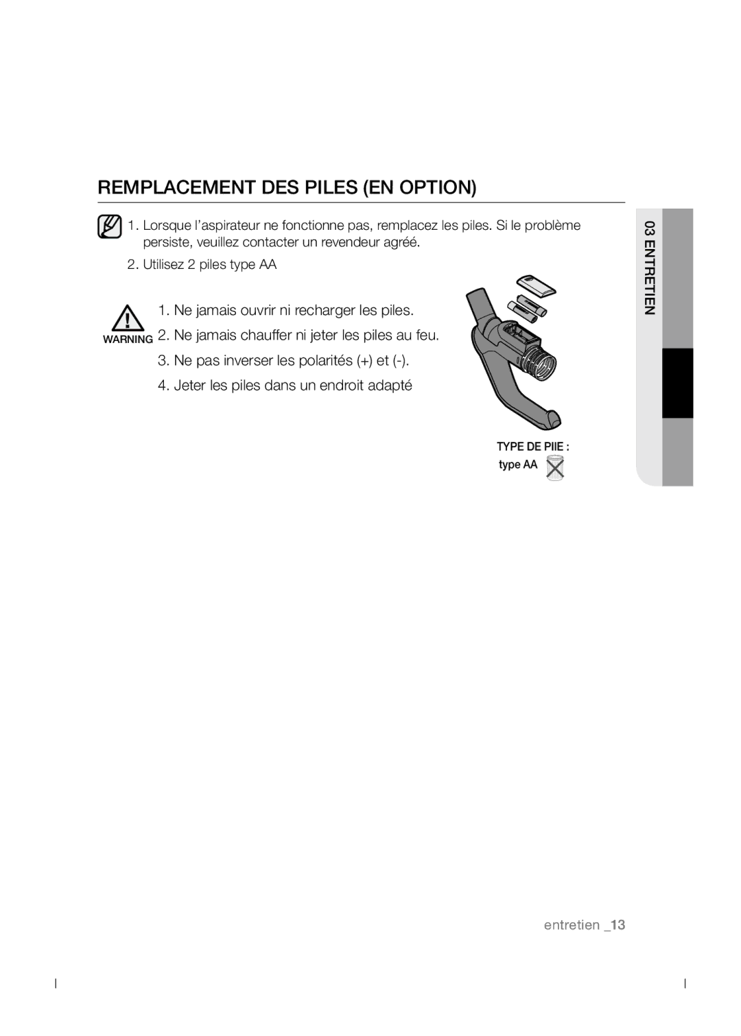 Samsung VCC54J0V3B/XEF manual Remplacement des piles en option 