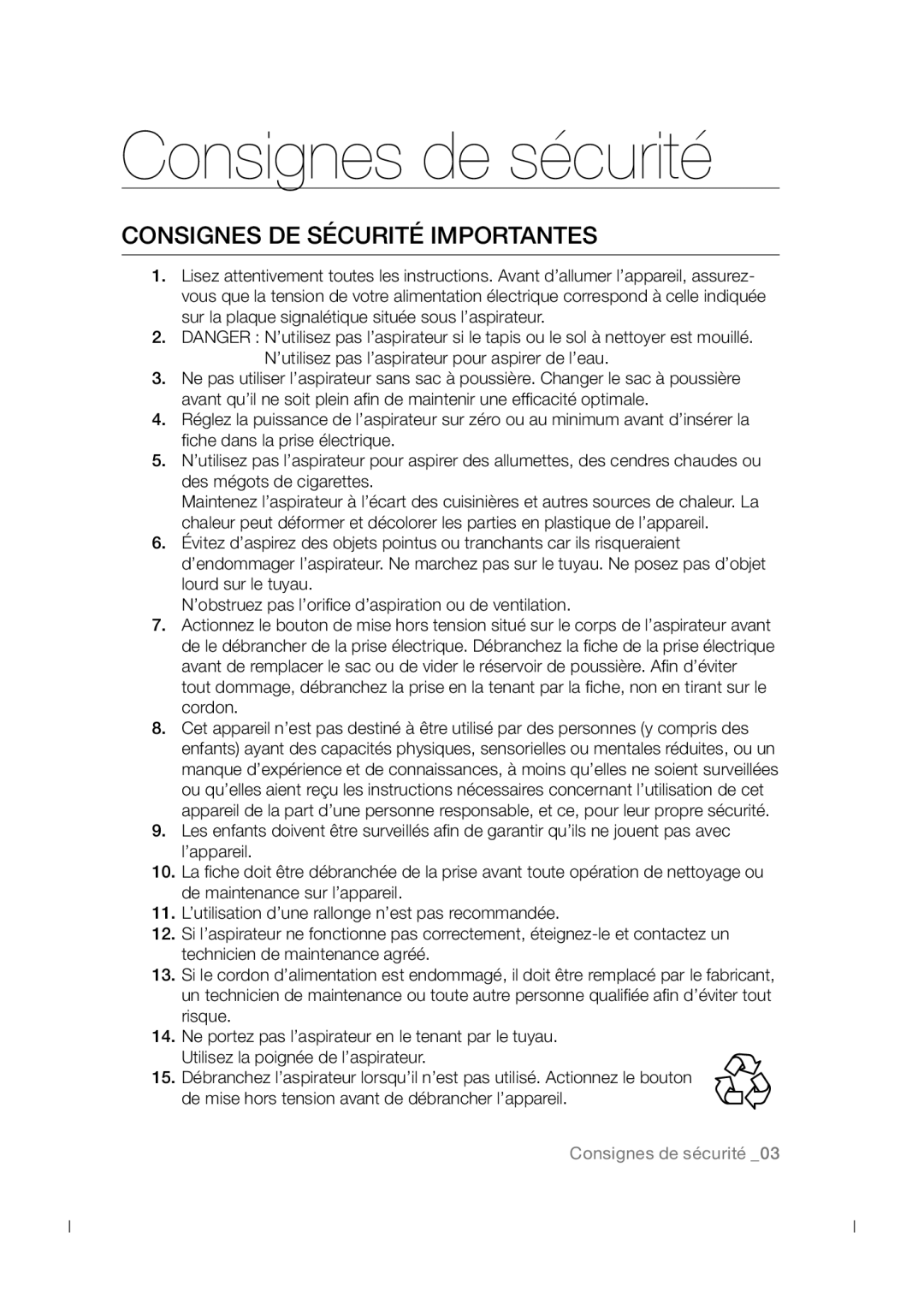 Samsung VCC54J0V3B/XEF manual Consignes de sécurité importantes 